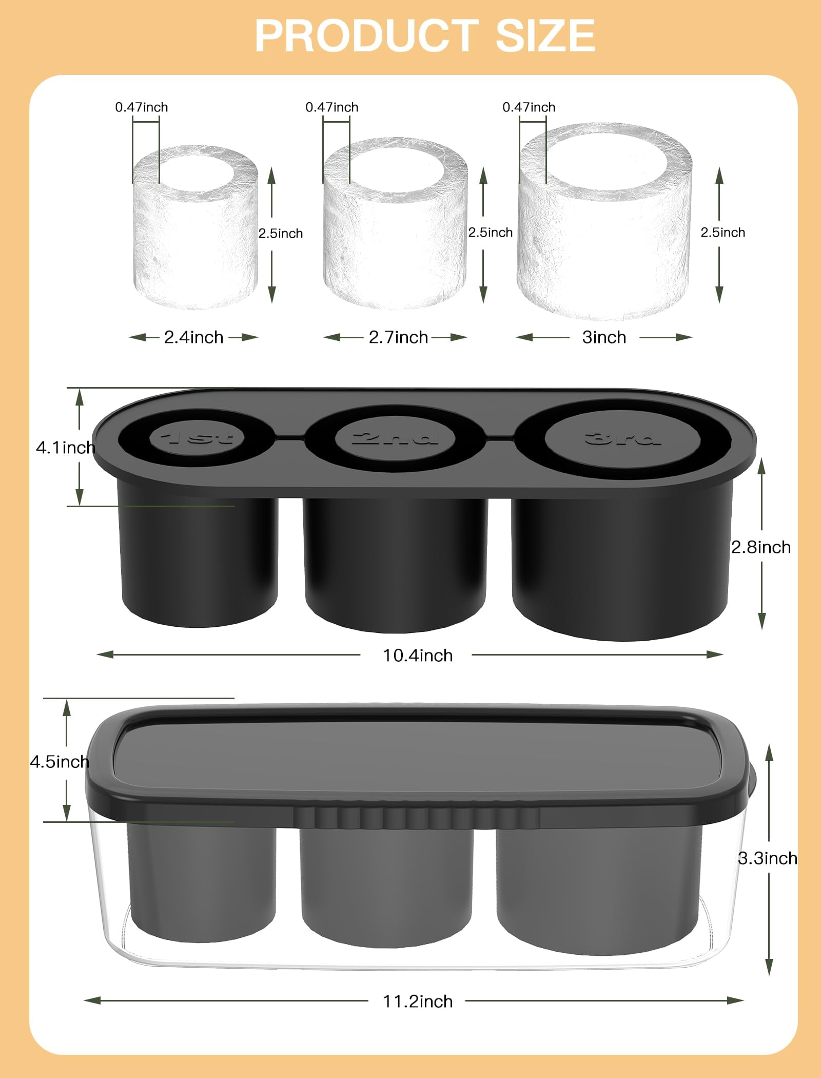 Ice Cube Tray For Tumbler Cup 30oz-40oz  3 Silicone Cylinder Mold With Lid And Bin Freezer Easy Fill Release Maker Cocktail (black 40oz-type1)