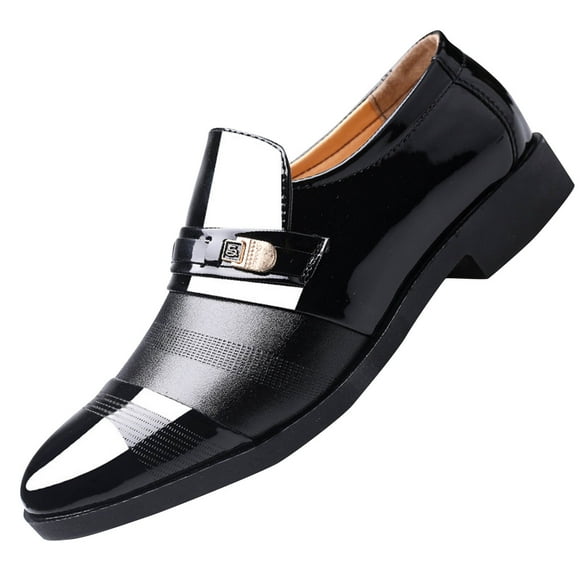 Mens Dress Shoes British Style Splicing Together Pointy Toe Slip on Metal Soft Sole Breathable Comfortable Fashion Classic Formal Business Casual Patent Leather Shoes Black