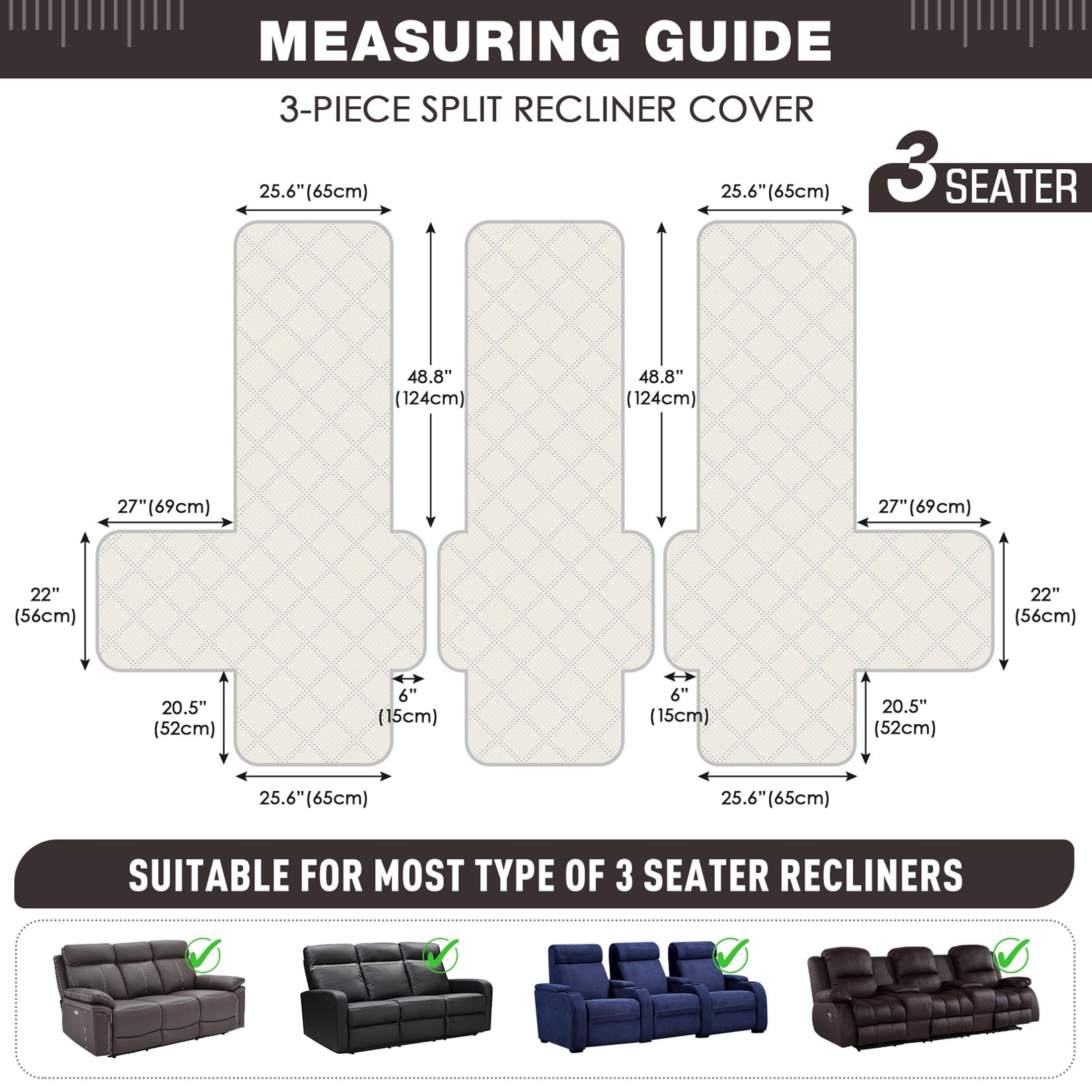 TAOCOCO Non-Slip Waterproof Recliner Sofa Covers, Washable Split Sofa Slipcovers for Reclining 3 Seater Couch, Recliner Sofa Cover with Side with Pockets Home Furniture Protectors,Coffee
