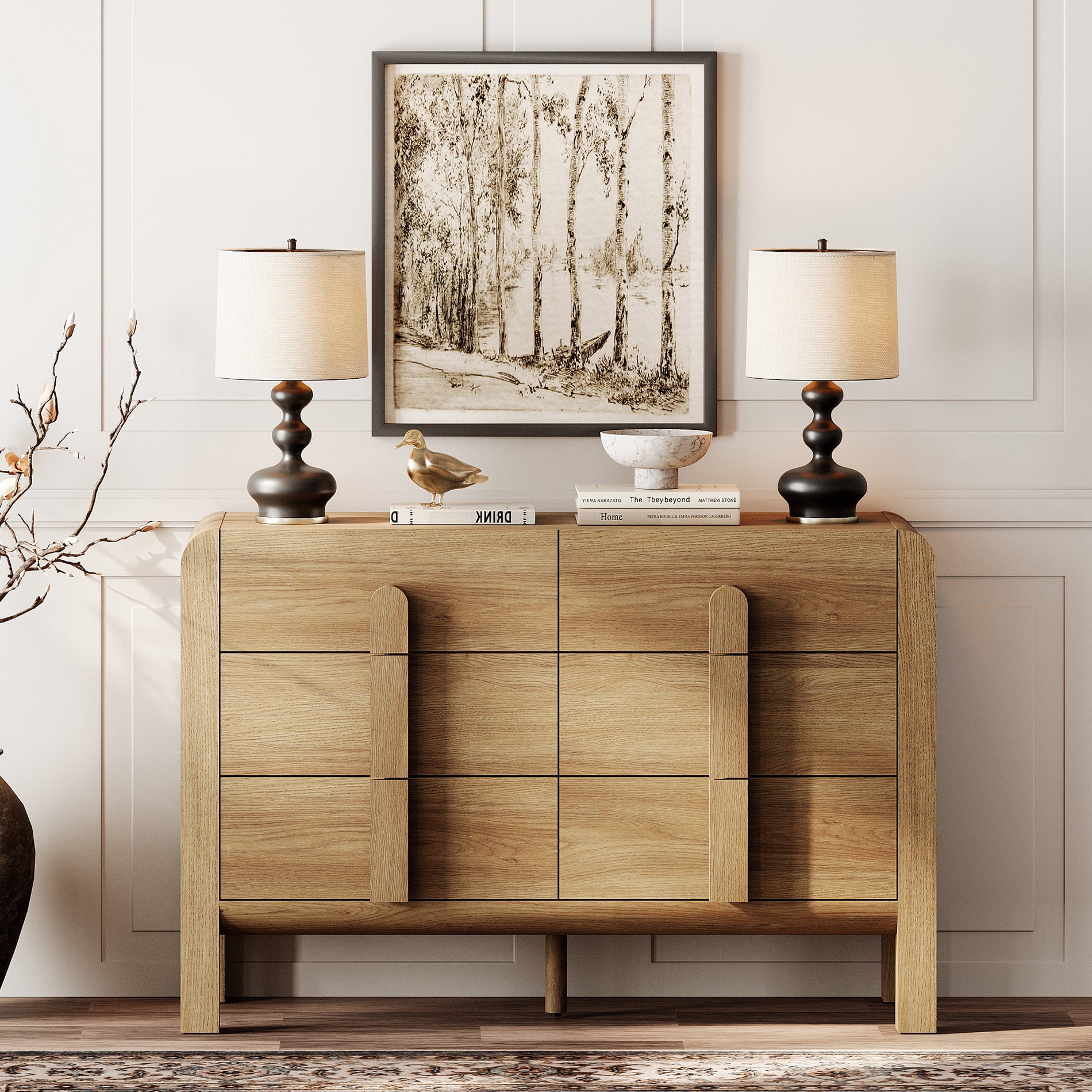 Modern 6 Drawer Dresser TV Stand for 55 Inch TV, Entertainment Center with Curved Profile Design, Wood TV Console with Storage for Living Room