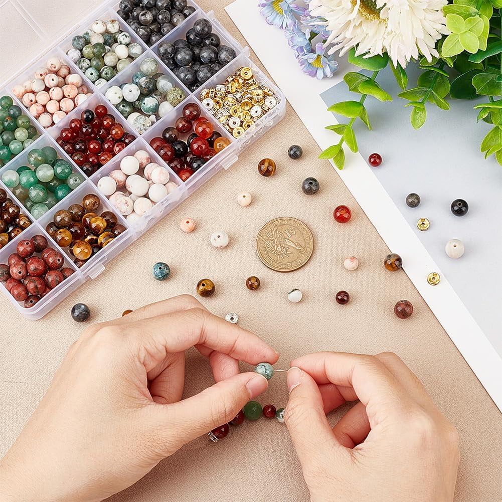 PH 520pcs Stone Beads Kit for Jewelry Making 14 Styles 6/8mm Natural Gemstone Beads Marble Loose Beads Round Smooth Beads with Iron Rhinestone Spacer Beads for Bracelet Necklace Earring colorful