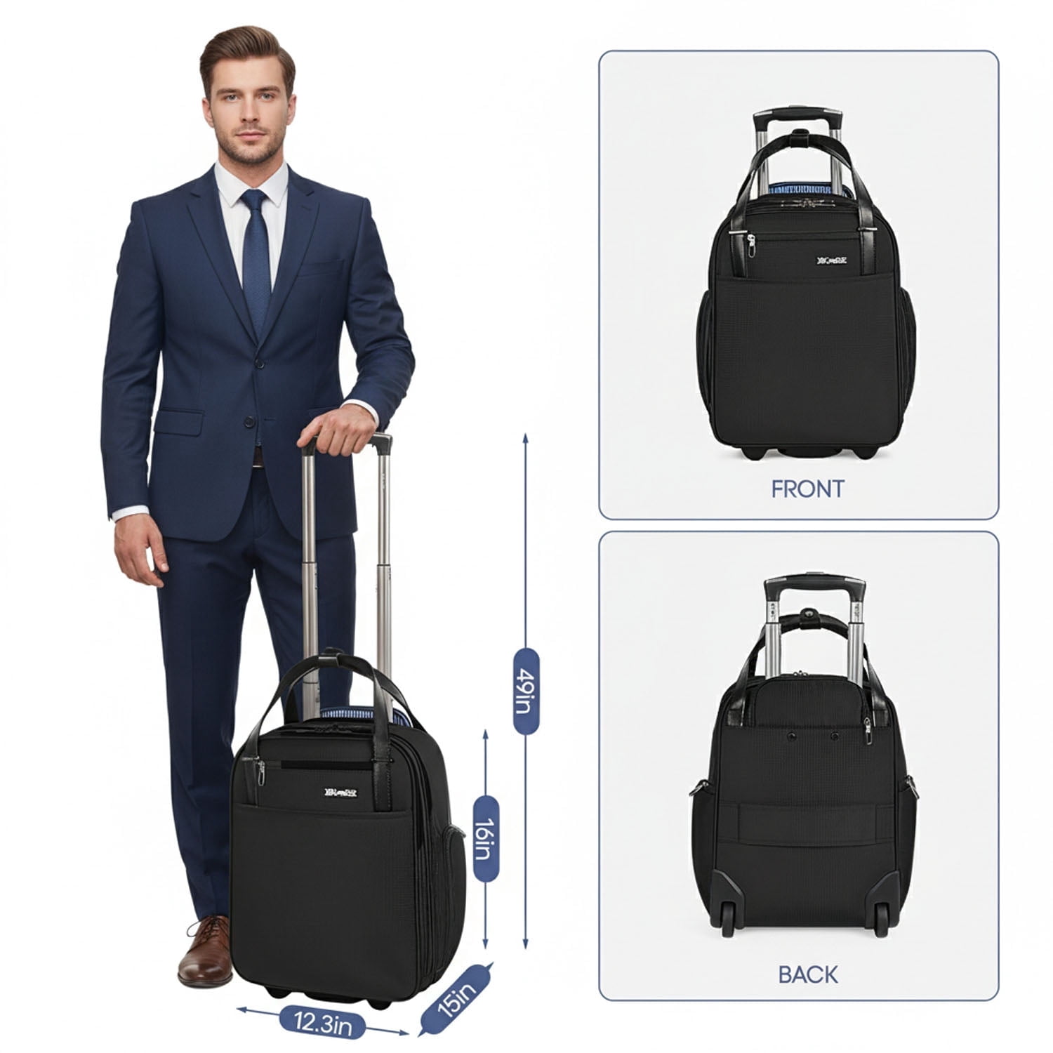 16" Underseat Carry on Luggage for Airplane, Softside Small Rolling Suitcase,Lightweight Personal Item Travel Bag, Black - XJ5011