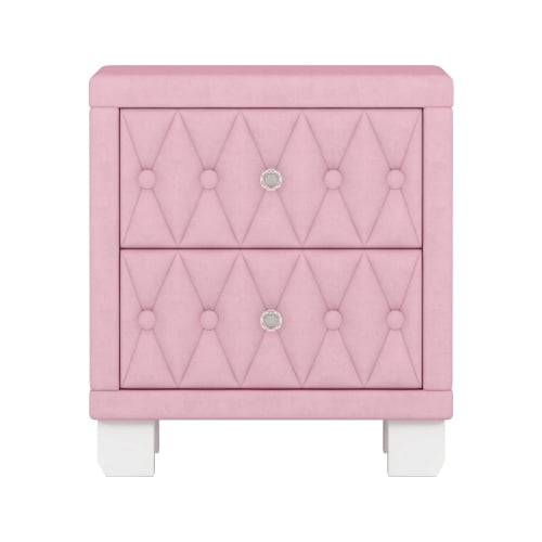 Elegant Velvet Nightstand with 2 Drawers and Crystal Knobs, Button-Tufted Storage Bedside Table, Pink
