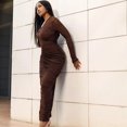 thumbnail image 2 of Women's Gauze Spliced V-Neck Long Sleeve Pleated Hips Wrapped Long Dress, Solid Color, 2 of 25