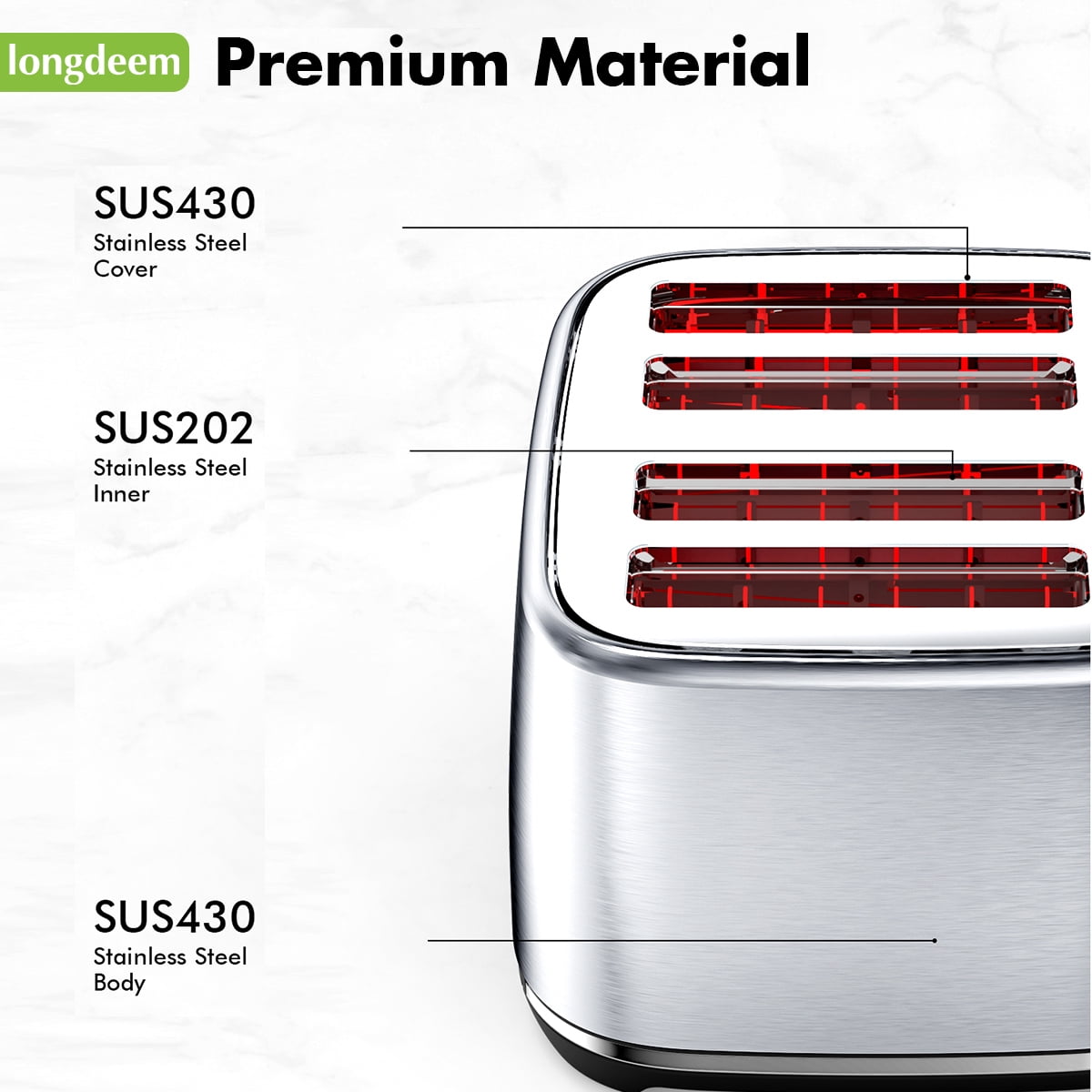 LONGDEEM 4 Slice Toaster - 6 Browning Levels, Wide Slots, High Lift Lever - Silver