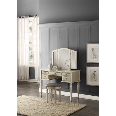 Carevas Bedroom Contemporary Vanity Set w Foldable Mirror Stool Drawers Silver Color