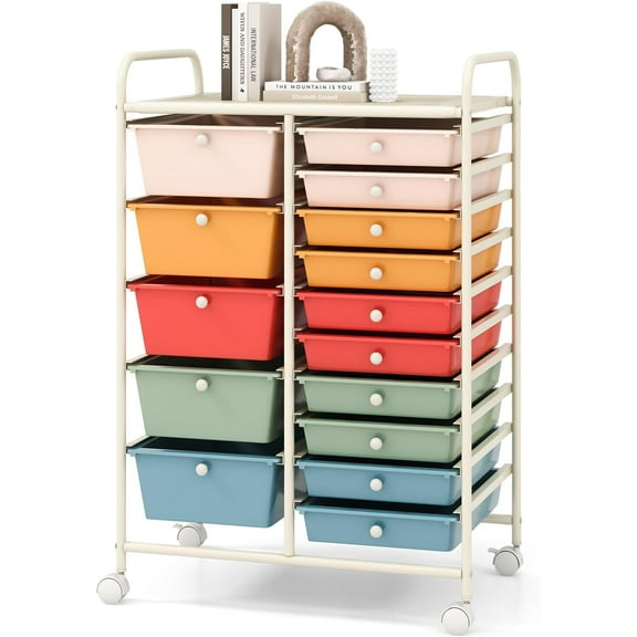FASCK 15 Drawers Storage Cart, Multipurpose Rolling Utility Cart on Wheels w/Lockable Wheels & Removable Drawers, Mobile Tools Scrapbook Paper Organizer Cart for Office School Home, Macaron
