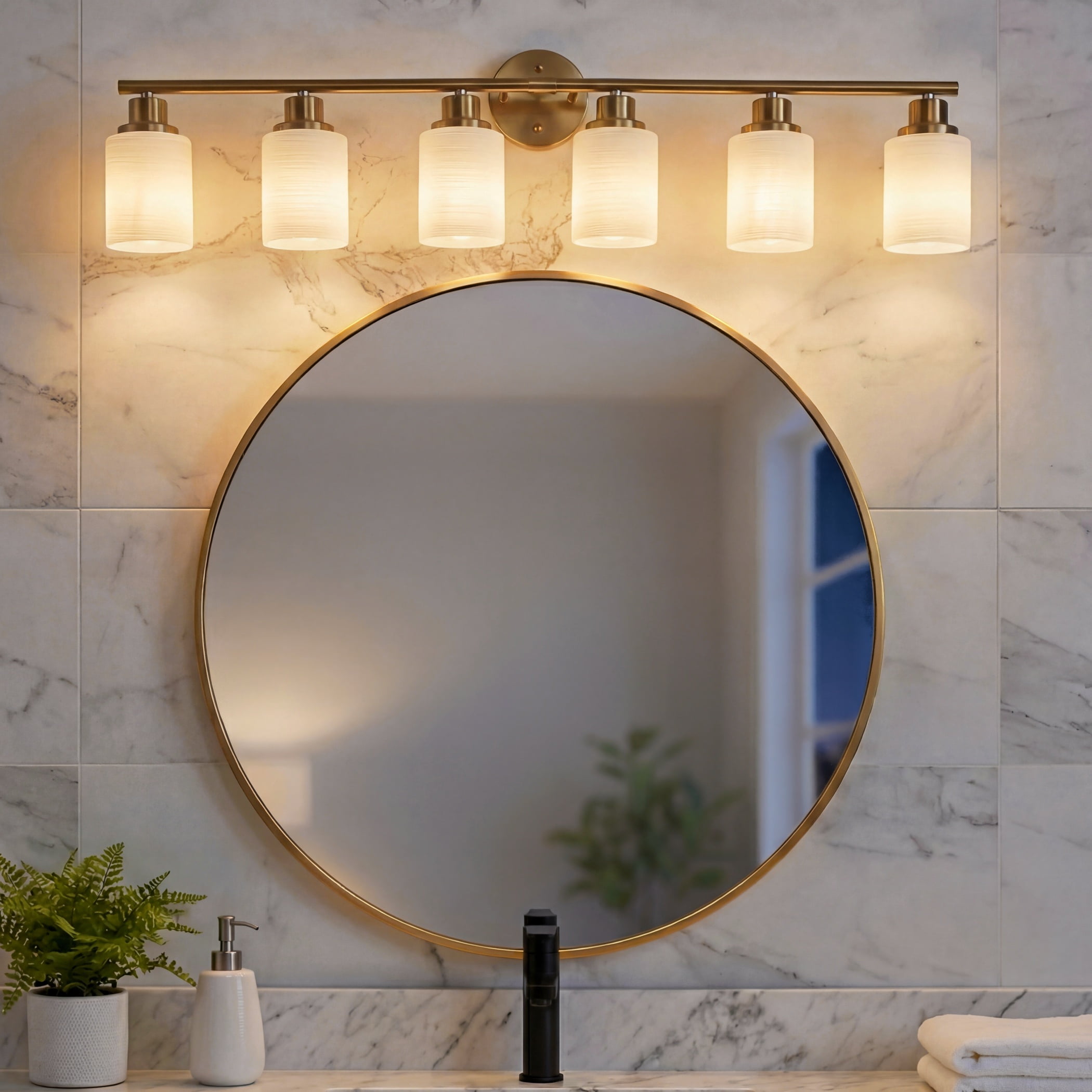 39" Modern Gold Vanity Light, 6-Light Bathroom Wall Sconce with Frosted Glass Shades, Wall Mount Lighting for Mirror or Hallway (No Bulbs)