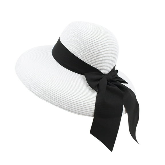 Riforla Women Fashion Summer Bow Straw Foldable Hat Beach Sun Protection Hats Caps Baseball Caps White