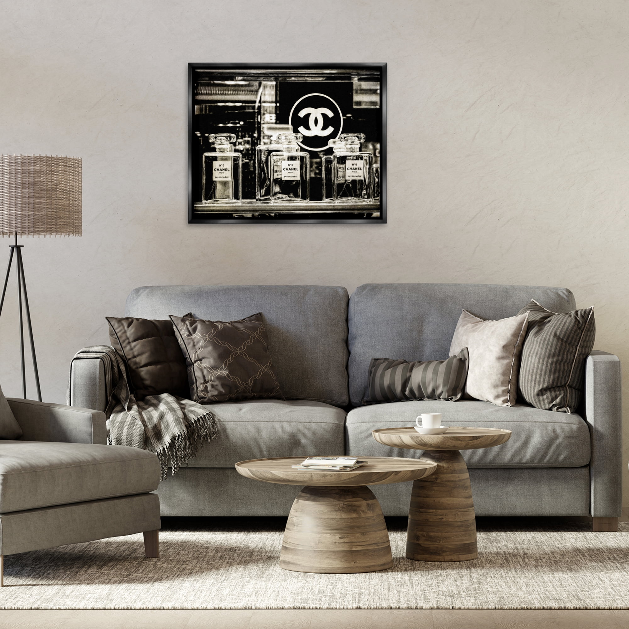 Stupell Industries Monochrome Perfumes Display Fashion Painting Black Floater Framed Canvas Art Print Wall Art, 31 x 25