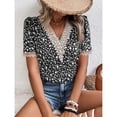 thumbnail image 3 of Blusa cómoda informal holgada con cuello en V de manga corta para mujer para fiesta en la playa de vacaciones Negro XXL, 3 of 7