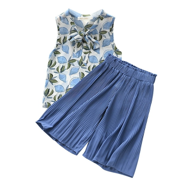 Gibobby Conjunto de sudadera para Niñas Conjunto de ropa de 2 uds, pantalones holgados de gasa, camiseta Floral sin mangas para Niñass pequeñas y bebés(Azul, 5-6 Años)