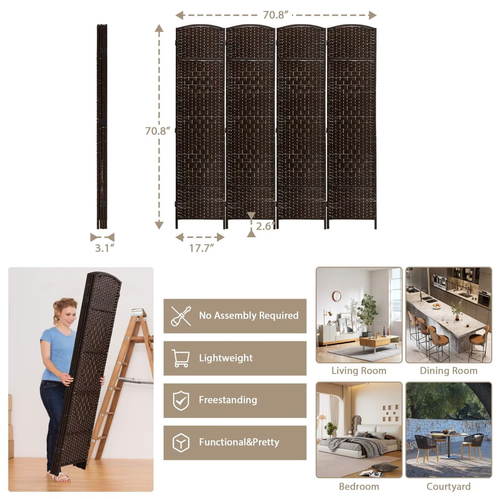 YRLLENSDAN 4 Panel Room Dividers Folding Portable, 6 ft Outdoor Indoor Privacy Screen, Temporary Walls for Home Office Restaurant, Brown