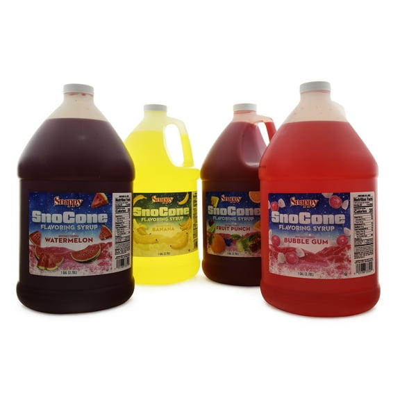 Snappy Sno Cone Syrup Variety Bundle, Watermelon, Banana, Fruit Punch, Bubble Gum, Flavored Syrup for Shaved Ice, 1 Gallon (128 oz), 4 Count