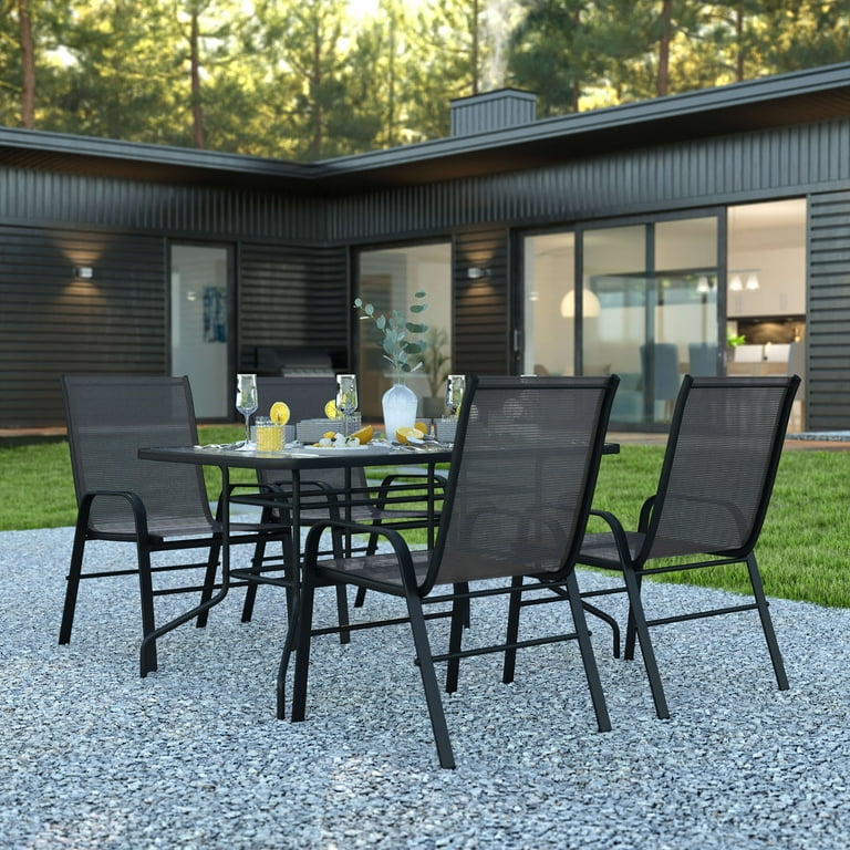 Flash Furniture Brazos Series 5 Piece Steel Glass Patio Table and