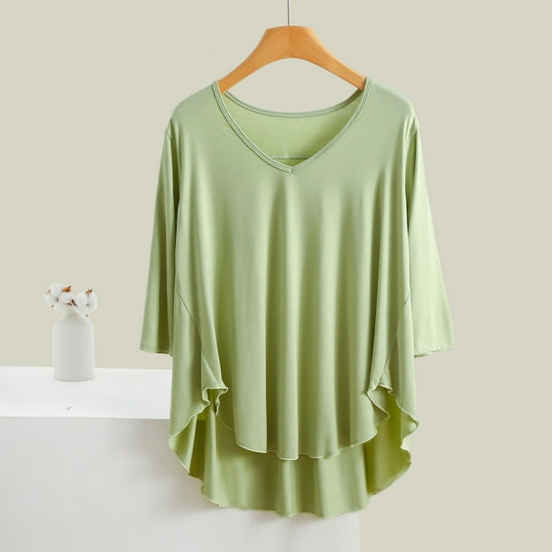 Blusa de pijama de manga larga para mujer, cuello en V, mangas 3/4, suelta, color liso, para estar en casa, blusa de pijama, blusa modal para mujer