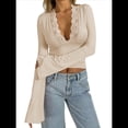 thumbnail image 3 of Blusas de Encaje con Cuello en V y Larga para Salir para Mujer Caqui L, 3 of 8