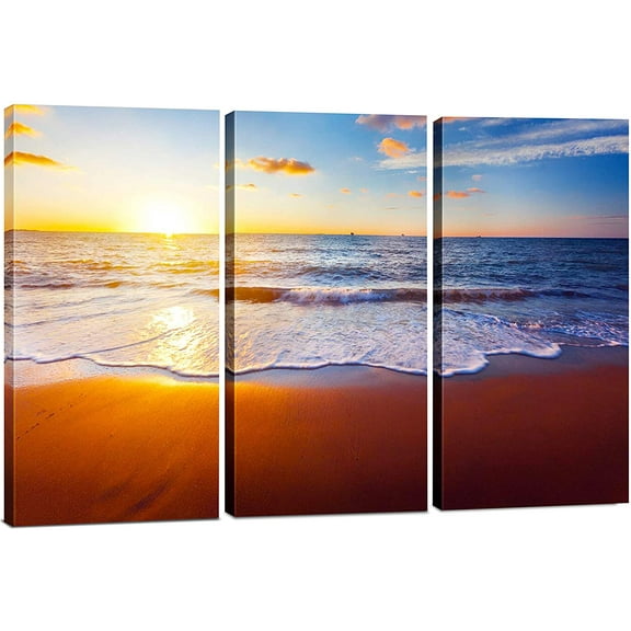 Best 3 Panel Sunset Beach Canvas Wall Art Decor, Modern 24x36 Hanging Ocean Print Photograph, Decorative Painting Artwork for Kitchen, Bedroom, Office, Living Room, Home Decor Gift for Men & Women