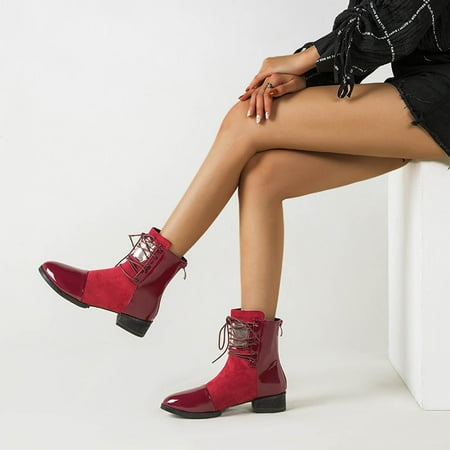 

FITORON Womens Mid Calf Boots- New Style Fashion Strappy Flat Short Boots for Autumn and Winter Red 38