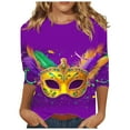 thumbnail image 2 of Jsaierl Mardi Gras Clothings for Women 3/4 Sleeve Mask Graphic Blouse Carnival Themed Tees Party 3D Print Tops Funny Gifts Parade Tshirt, 2 of 5