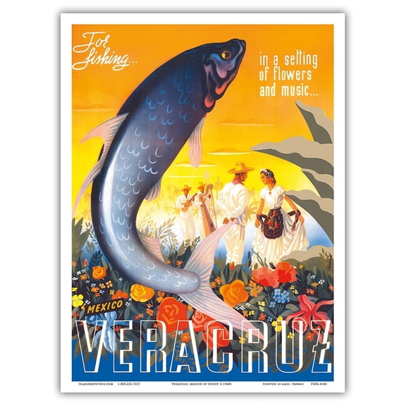 Veracruz Mexico - For Fishing in a Setting of Flowers and Music - Vintage Travel Poster by Espert c.1940s - Master Art Print (Unframed) 9in x 12in