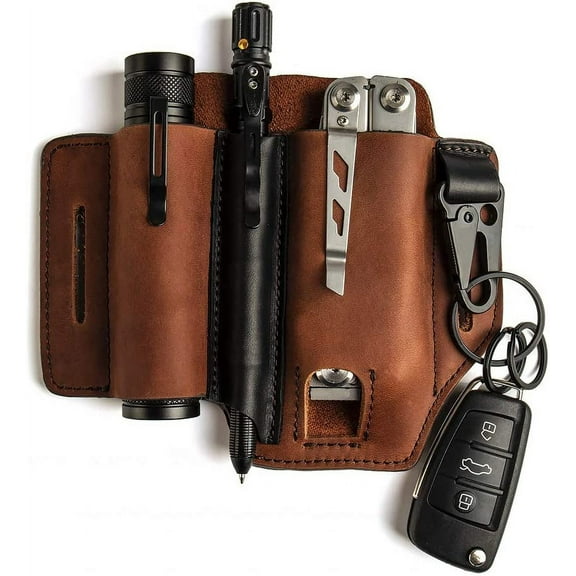 SAYLITA Multitool Sheath for Belt, Leather EDC Pocket Organizer for Men, Leatherman Sheath with Pen Holder, Key Fob, Flashlight Sheath, EDC Leather Pouch
