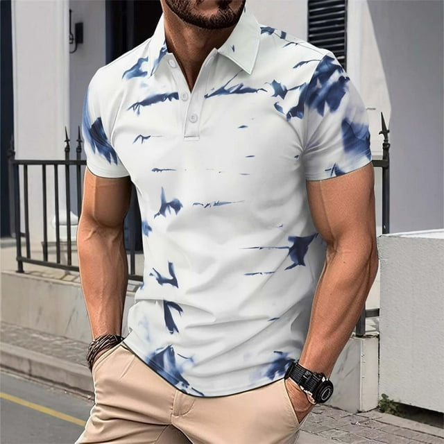 Playeras Elvqul de Caballero Azul Playa Manga Corta de Bloques de Color con Solapa Botones
