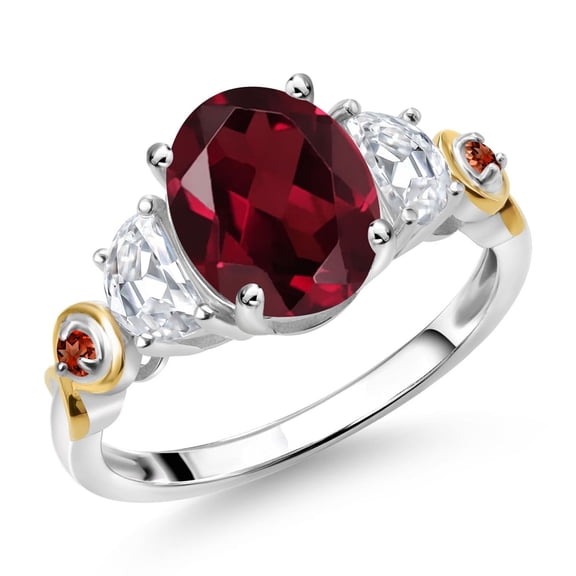 Gem Stone King 925 Silver and 10K Yellow Gold 3-Stone Ring Oval Red Rhodolite Garnet and Moissanite (2.53 Cttw, Size 6)