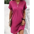 thumbnail image 4 of Summer Dresses for Women 2025 Casual Button V Neck Short Sleeve Tunics A Line Ribbed Mini T Shirt Dress Rose Red L, 4 of 7