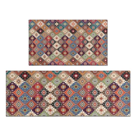 Orange Ethnic Rhombus Pattern Kitchen Rugs Sets Of 2,Anti Fatigue Kitchen Mat Rugs Non Slip Washable,Decorative Kitchen Floor Mats for Kitchen,Sink,Laundry,17"x30" 17"x47"