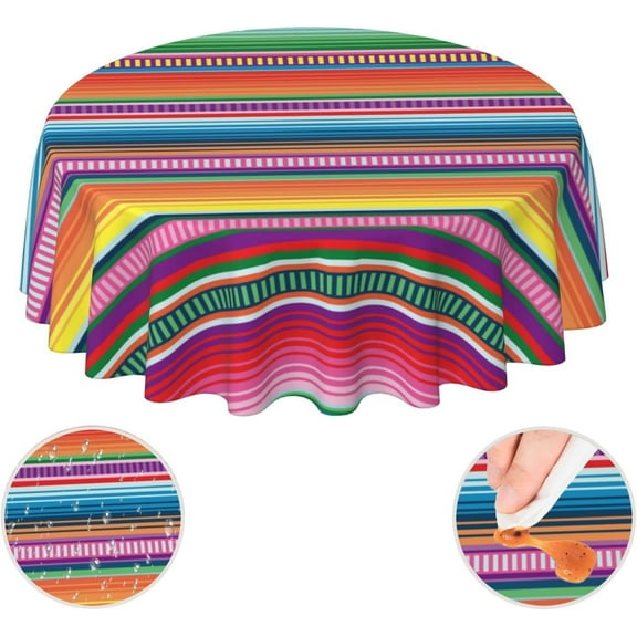 Mexican Blanket Serape Stripe Pattern Colorful Waterproof Picnic Patio Party Round Table Cloth Cover Decorations Fabric 60 Inch Circular Tablecloth For 20-47 Inch Home Dining Room Kitchen Decor