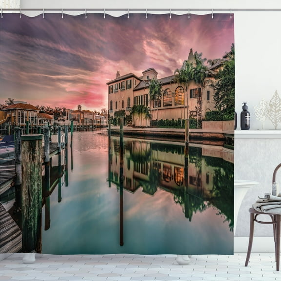 Ambesonne Nature Shower Curtain, Sunrise River Nautical, 69"Wx84"L, Purple Green