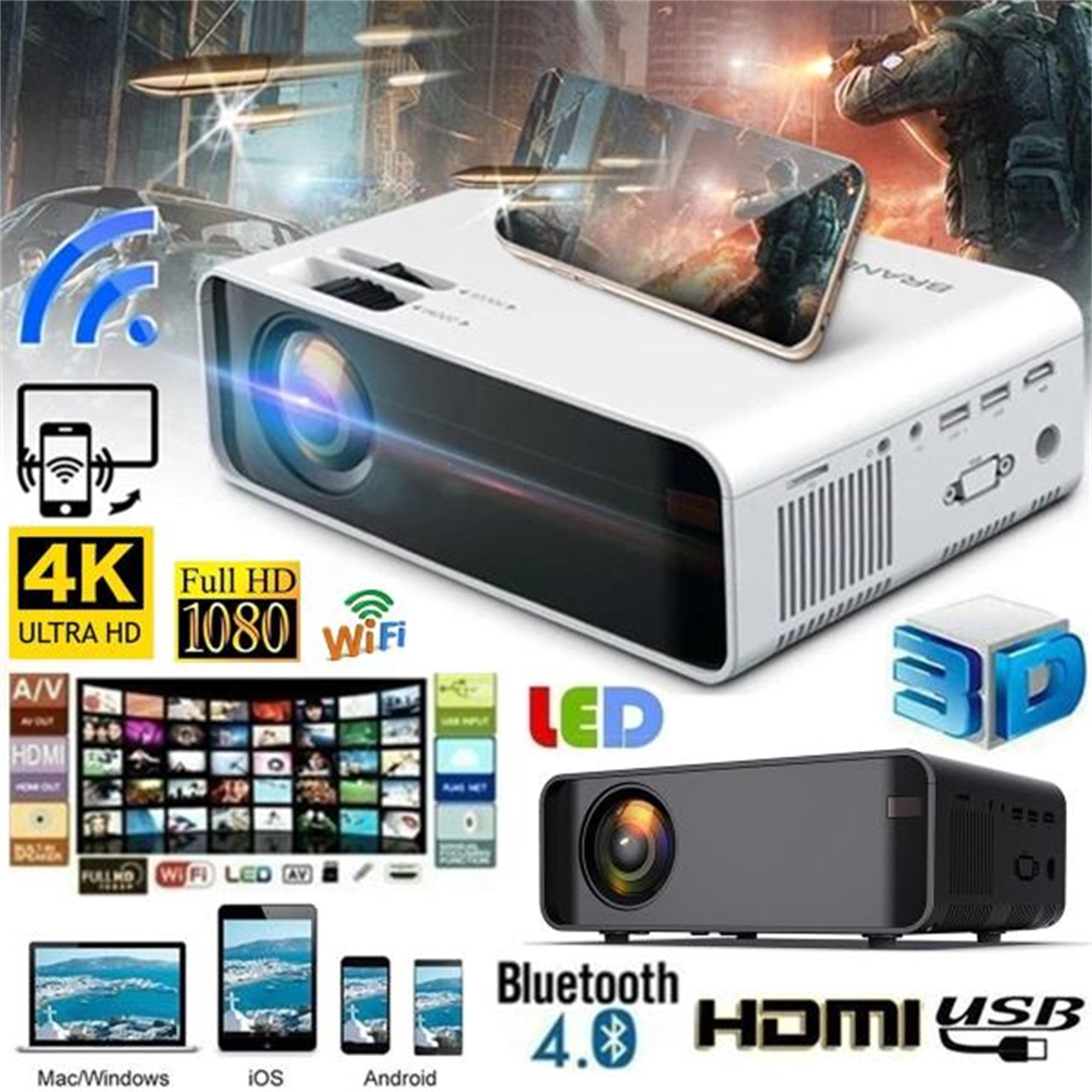 Ultimea 2023 Upgraded 4K Support Native 1080P Bluetooth Projector , 300  ANSI 10000LM Portable Mini Outdoor Projector , Movie Projector Compatible  with TV Stick/AV/USB/HDMI for Home Theater-Ultra Quiet 