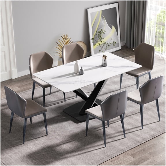 Modern 63-inch Sintered Stone Dining Table with X-Leg Base, White Rectangular Table for 6