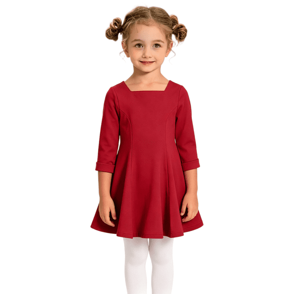 Wilark Toddler Girls Dress Size 4 T, Casual Long Sleeve Square Neck Knitting Cotton Fall A Line Dress Red