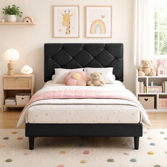UHOMEPRO Twin Bed Frame with Headboard, Strong Wood Slat Support, No Box Spring Needed, Noise-Free, Black