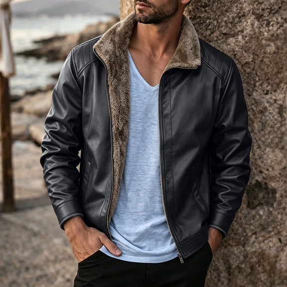 Mens Faux Leather Jackets Full Zipper Fleece Lined Fashion Motorcycle Casual Outerwear for Winter Black L