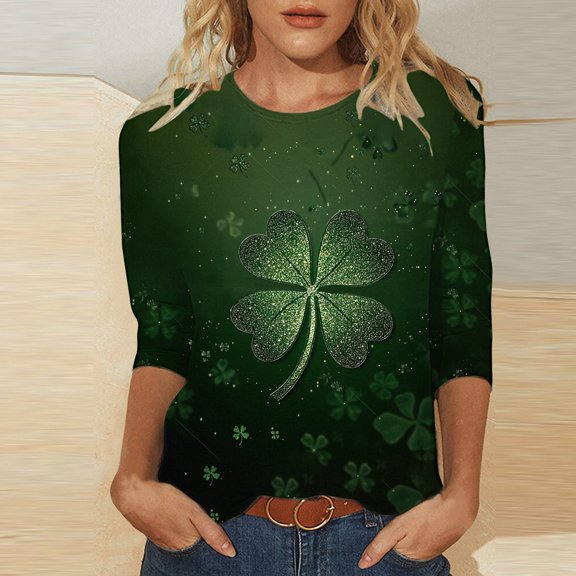 St. Patrick's Day T-Shirts, Women 3/4 Sleeve Tops and Blouses, Round Neck Shirt Women's Fashion Tees Casual Crewneck 3/4 Sleeved T Shirt Ladies Tops Blouses Shirt