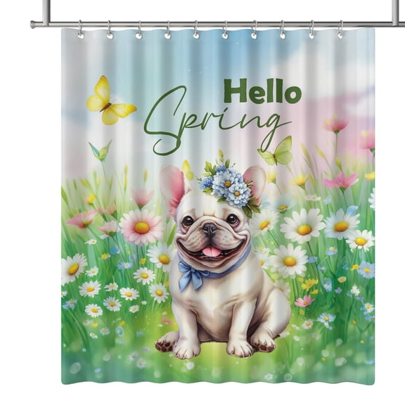 French Bulldog Hello Spring Time Flower Floral Nature Shower Curtain Dog Lover Gifts Waterproof Bathroom Bathtub Curtain - 02031