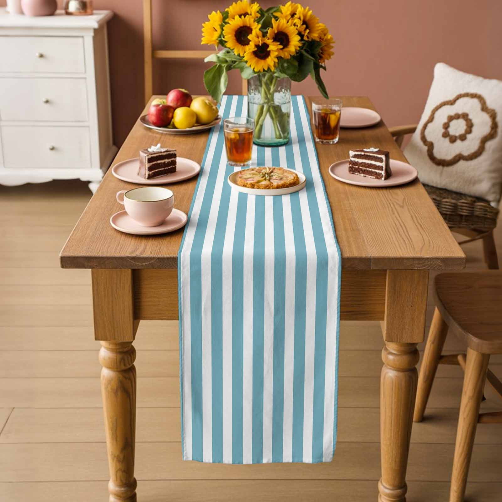 Aqua Striped Table Runner, Modern Farmhouse Blue White Stripes Washable Cotton Linen Table Runners 60 Inches Long, Dresser Scarf Runner for Coffee/TV Stands/Kitchen/Cabinets 13''x60''