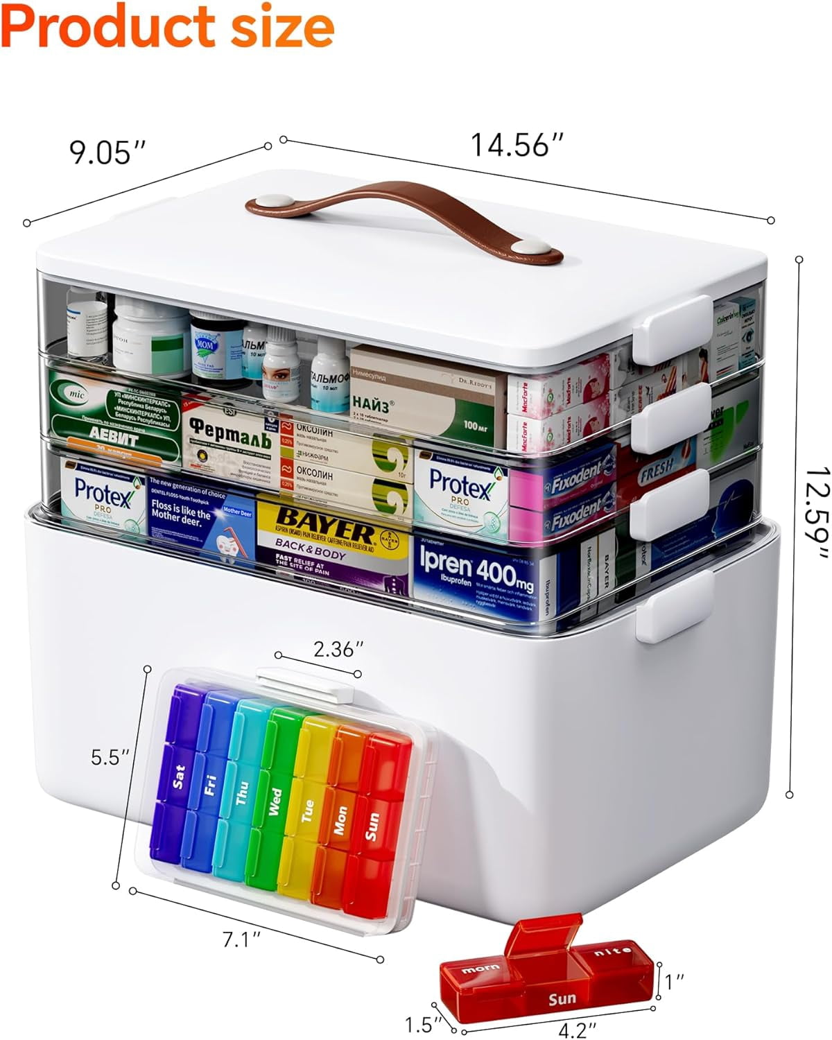 4-Tier Medicine Cabinet Organizer with Leather Handle, Empty Plastic First Aid Kit, Multipurpose Storage Box with A Portable Weekly Pill Organizer for Family Emergencies