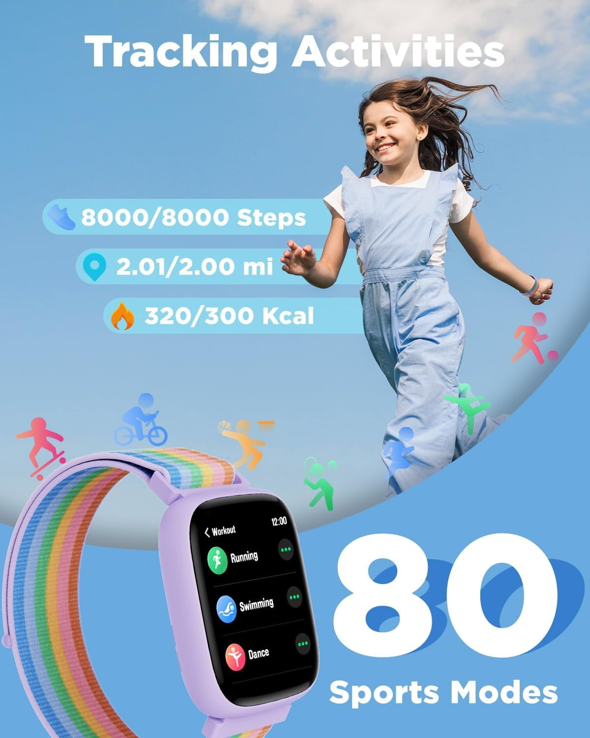BIGGERFIVE Smart Watch for Kids, 1.8" Fitness Tracker Watch Pedometer, Sleep Monitor, IP68 Waterproof, Calorie Step Counter, Puzzle Game with/Without APP for Girls Teens 5-16,
