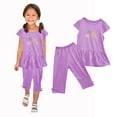 thumbnail image 4 of Clearance！Honeeladyy Girl's Summer Round Neck Small Print Short Sleeved Flying Sleeves Elastic Waist Cropped Pants Two-piece Set for Beach(Purple,1-2 Years), 4 of 5
