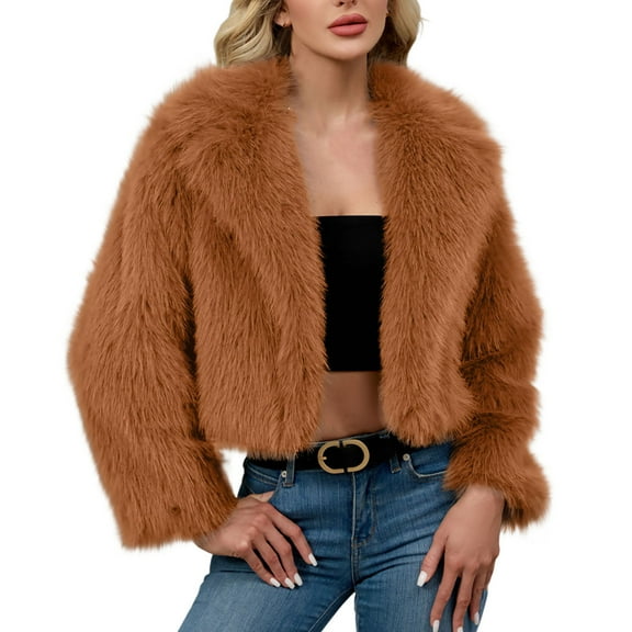 Fuzzy Thicken Coat for Women Lapel Long Sleeve Solid Color Open Front Cardigan Jacket Brown XL