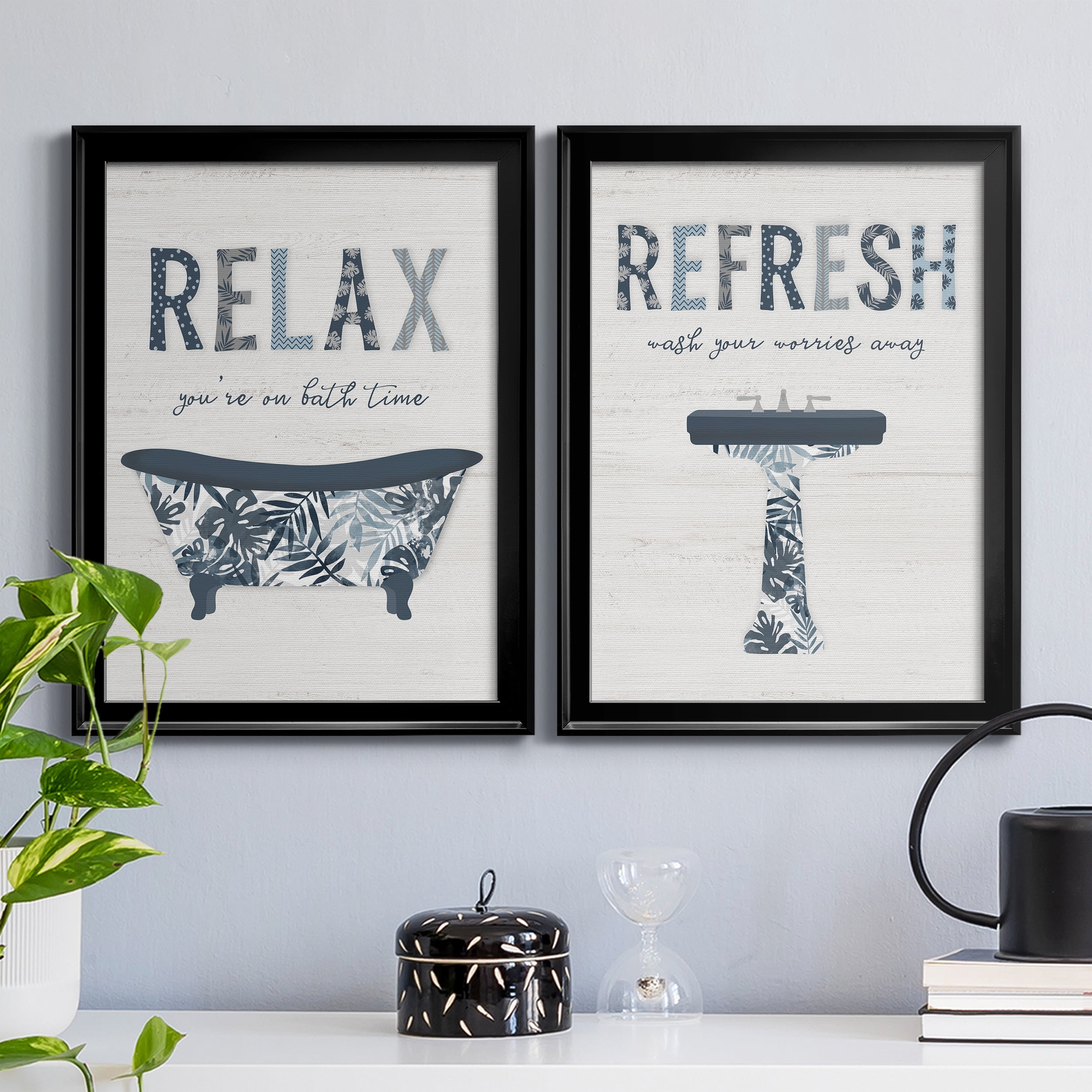 2 Piece Set Palm Bath I Premium Framed Canvas - Ready to Hang - 18.5 x 24.5 Each - Black Frame