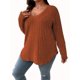 thumbnail image 5 of Camiseta holgada de polar de manga larga con cuello en V y color liso de otoño e invierno para mujer de talla grande, 5 of 6
