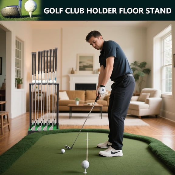 Golf Putter Stand for 9 Clubs & 7 Balls, Solid Wood Golf Club Rack, Organizer Floor Stand | Rustic Modern Design
