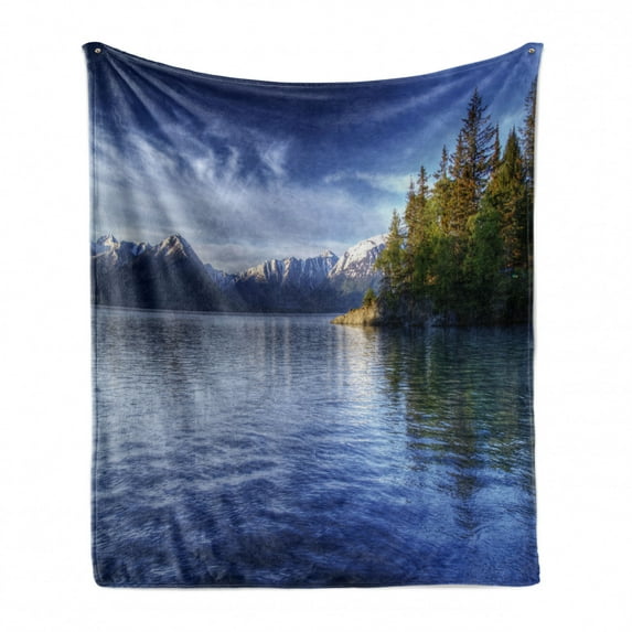 Alaska Soft Flannel Fleece Throw Blanket, Turnagain Arm of the Cook Inlet Anchorage Idyllic Lakeside Photography, Cozy Plush for Indoor and Outdoor Use, 60" x 80", Lime Green Navy Blue, by Ambesonne