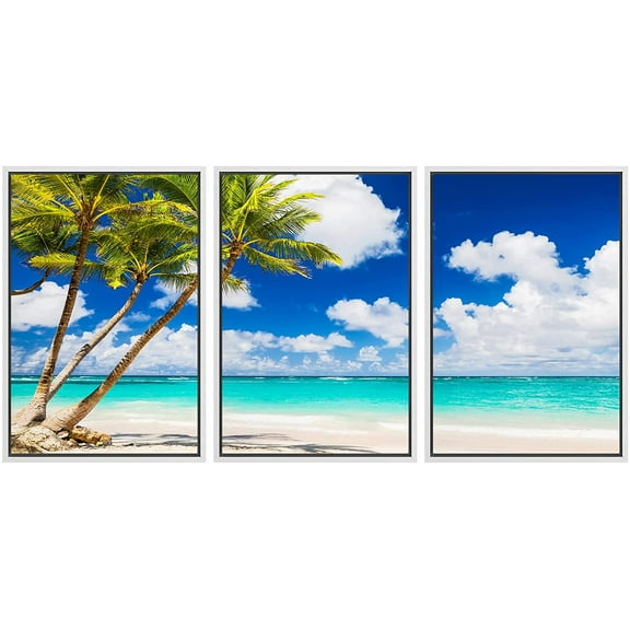 wall26 Framed Canvas Print Wall Art Set Teal Ocean Beach Wave Tropical Island Nature Wilderness Photography Realism Rustic Landscape Colorful for Living Room, Bedroom, Office - 16"x24"x3 Wh