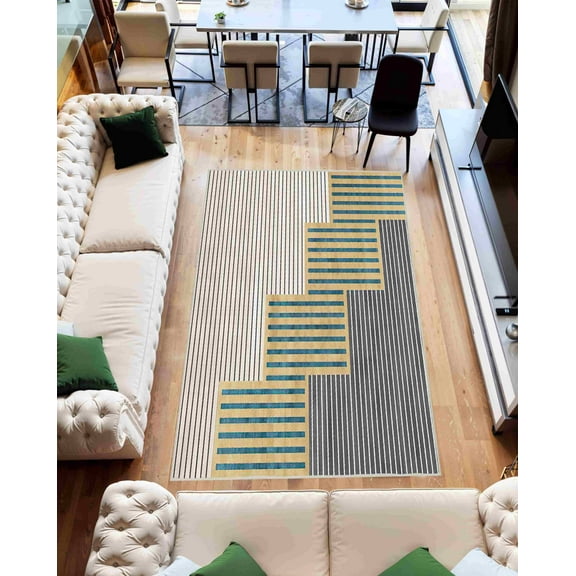 Machine Washable Area Rug 5x7 with Anti-Slip Backing Abstract Living Room Carpet Design 7703 Color Cream Beige